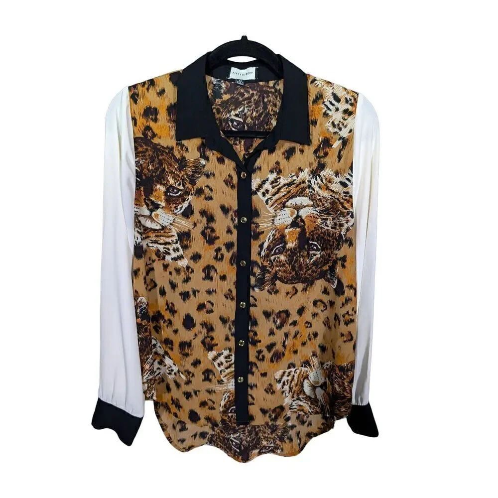 Fifty Street Cheetah Leopard Print Long Sleeve Blouse Button Up Women's Medium